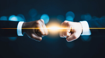 Two Business Fists Bumping with Glowing Energy Light Effect, Symbolizing Partnership, Agreement, and Global Collaboration
