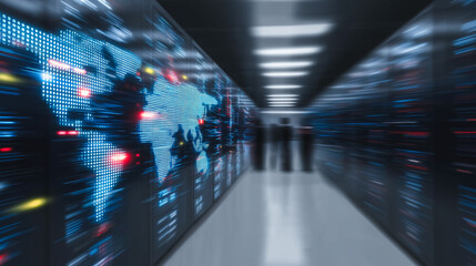 High-Speed Global Data Network in Server Room with Motion Blur Effect