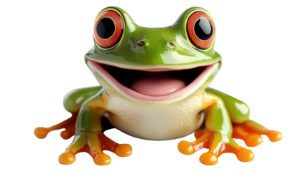 Smiling Tree Frog Portrait: A vibrant green tree frog with wide, captivating red eyes, a cheerful smile, and detailed features, showcasing its unique and captivating beauty.
