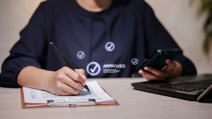 Business Professional Signing Document with Approved Status and Digital Checklist Icons