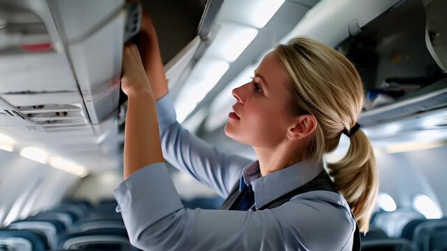 Airlines cabin crew member interacting with overhead compartments in airplane interiorflight attendant adjusting cabin door on airplane.