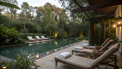 Fototapeta premium Luxury Resort Swimming Pool at Dusk with Elegant Lounge Chairs and Candlelight