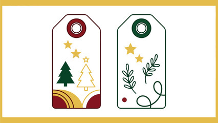 A festive illustration of Christmas gift tags with holiday designs and colors