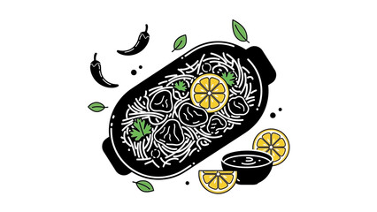 A vibrant illustration of a dish with noodles and lemons on a plate