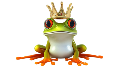 Royal Frog with Crown: A vibrant green frog, adorned with a golden crown and large, expressive eyes, exudes an air of regal charm and playful fantasy.