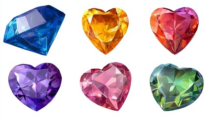 Six faceted gemstones blue diamond and colorful heart shapes