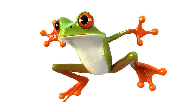 Playful frog, showcasing a charming tree frog in dynamic pose, vibrant with a vivid green hue. The image has a close up of the amphibian's unique features, including prominent red eyes.