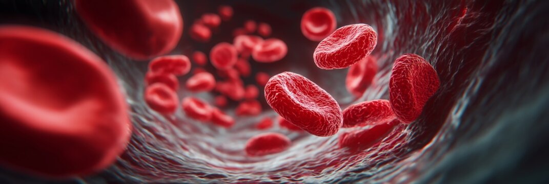 Red blood cells flowing inside human artery visualization. Red blood cells flowing through a human blood vessel, medical science concept