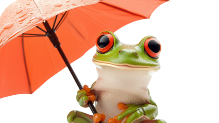 Rainy Day Frog: A vibrant, captivating frog shelters itself from the rain under a bright orange umbrella, its large, expressive eyes reflecting the wet surroundings.