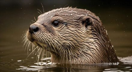 otter with wet fur emerging from the water