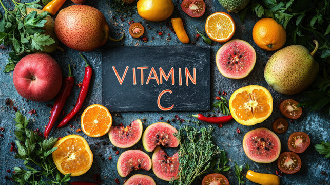 Text "VITAMIN C" on a chalkboard, surrounded by guava, chili peppers and thyme - Powered by Adobe