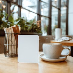 Caf? table with blank sign, drink, and utensils near a large window