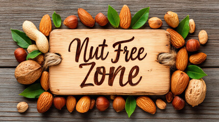 Wooden sign with carved text "Nut Free Zone" surrounded by scattered peanuts and almonds