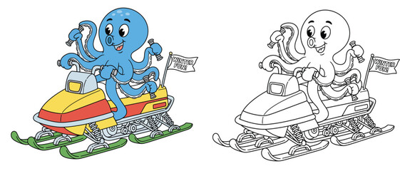 A vector illustration of an octopus riding a snowmobile A humorous blue character operating a winter vehicle © AbuNazam
