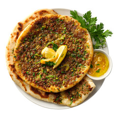 Traditional Lahmacun with Lemon Wedges, Parsley, and Side Sauce on Plate