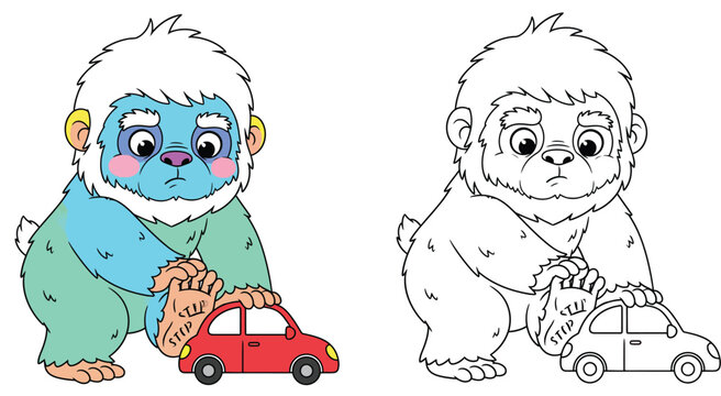 A vector illustration of a cute yeti playing with a toy automobile A humorous Bigfoot figure with a red car
