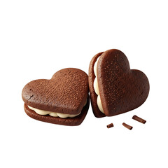 Two heart-shaped chocolate whoopie pies with cream filling on transparent background