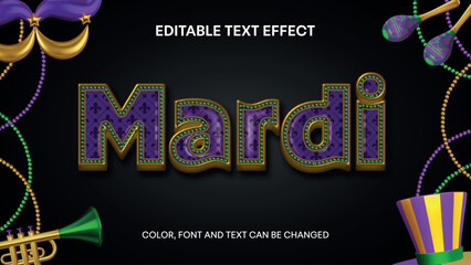 mardi gras editable text effect with gold edge, green pearls and purple pattern © Angelica