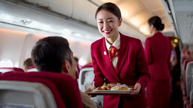 flight attendant holding tray with food in airplane cabin.