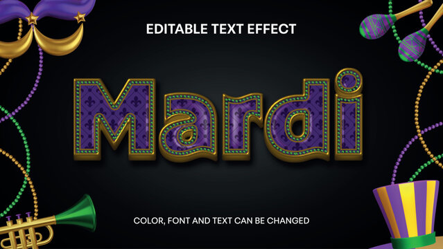 mardi gras editable text effect with gold edge, green pearls and purple pattern