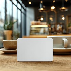 Card rests near cups, blurred cafe interior in background