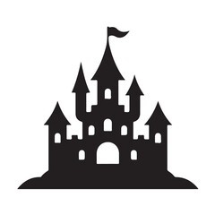 Obraz premium Enchanted fairytale castle silhouette with towers and flag on hill