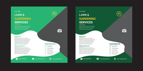 Lawn or gardening services social media post template, Gardening and Landscaping service social media post in green layout Lawn and gardening or landscaping service social media post and web banner te