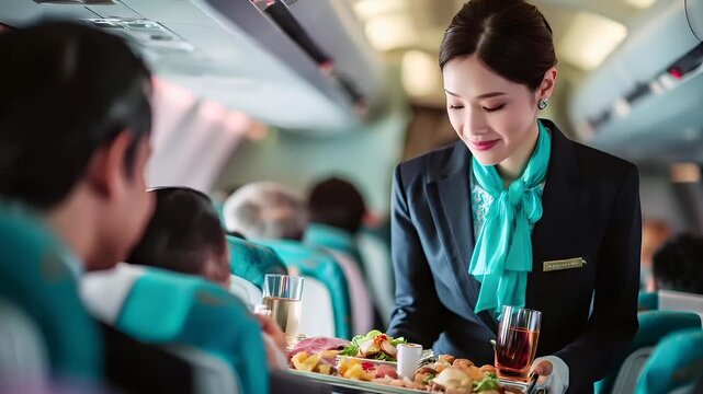 flight attendant serving food in airplane cabin.