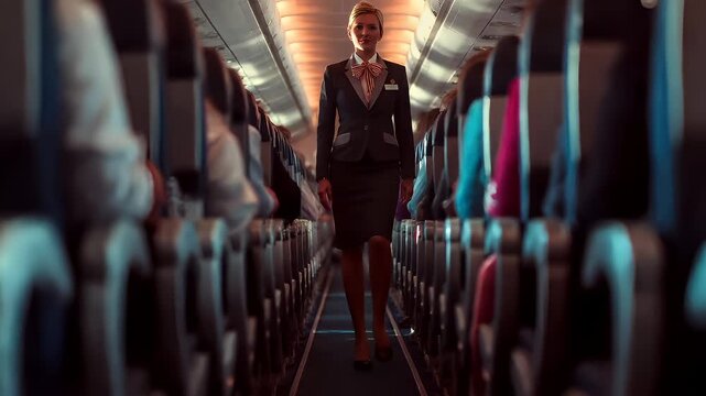 Airlines cabin crew member in flight attendant uniform on airplane aisle.