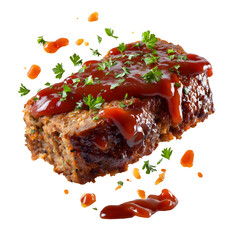 Meatloaf Slice with Splashing Red Sauce on Black Background Closeup