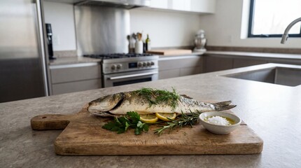 Freshly Cooked Fish with Herbs and Lemon Slices on a Wooden Cutting Board in a Modern Kitchen