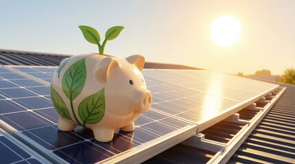 Piggybank with Green Leaf on Solar Panels at Sunrise Symbolizing Eco-Friendly Investment Strategy