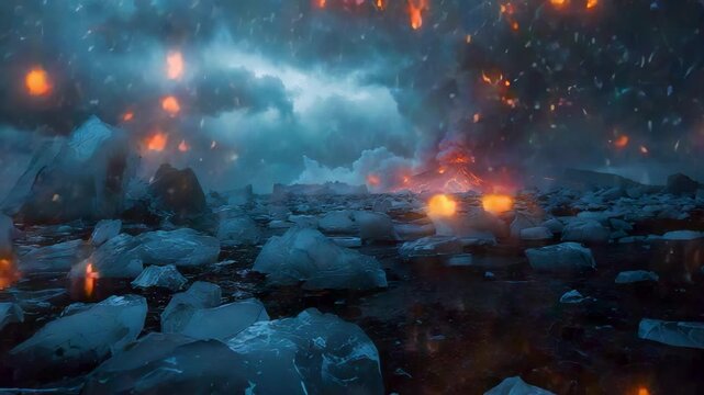 Fiery Apocalypse Lava Flows Ice Rocks Storm Clouds Night Destruction Scene
