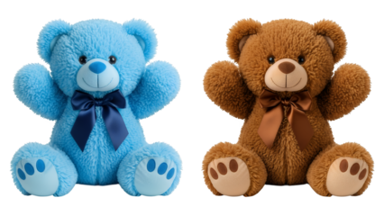 Two adorable teddy bears with satin bows isolated on transparent background