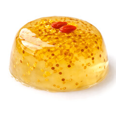 Osmanthus jelly dessert, translucent golden jelly, isolated on white