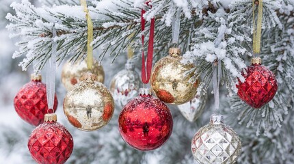 Shimmering Red and Gold Ornaments Hanging from Frosted Pine Tree Branches in Winter Wonderland