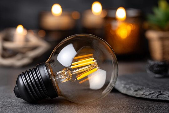 Light bulb on table with candles in the background - Powered by Adobe