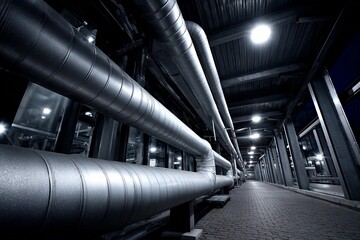 Pipes running through an industrial walkway at night