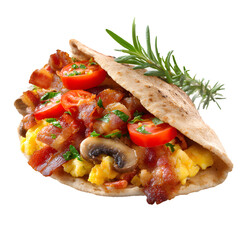Breakfast Pita Sandwich with Eggs, Bacon, Tomatoes, Mushrooms, and Herbs
