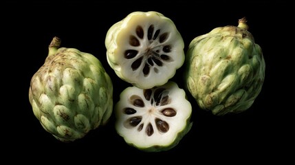 Fototapeta premium Fresh cherimoya fruits on black background with halved view and seeds.