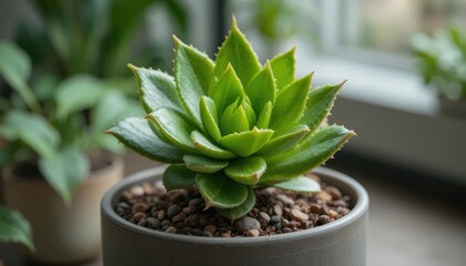 Close-Up of a Vibrant Green Succulent Plant in a Decorative Pot with Natural Light in a Cozy Room