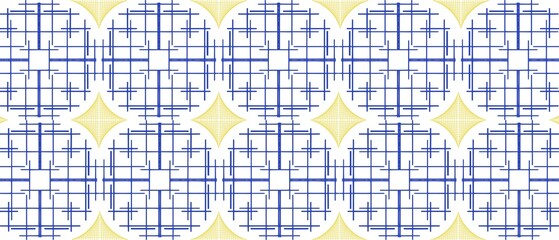 This seamless geometric pattern features an intricate and dynamic design characterized by repeating circular motifs set within a clean white background. 