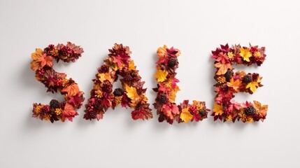 A colorful autumn leaf arrangement spelling out the word 'SALE' on a white background.