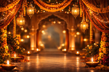 Royal Indian palace festival decor, hanging lanterns and marigold garlands.
