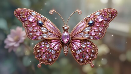 Exquisite Ornate Butterfly Jewelry Decoration Sparkling with Colorful Gems and Floral Background