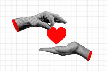 Hands with red heart symbol in halftone for Valentine's day collage style. Mans hand placing a heart in womans hand.