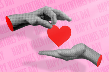 Hands with red heart symbol in halftone for Valentine's day collage style. Mans hand placing a heart in womans hand.