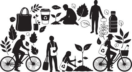Obraz premium Eco friendly living silhouette icons for sustainable lifestyle