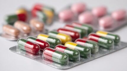 Various colored pills in blisters on a white background.