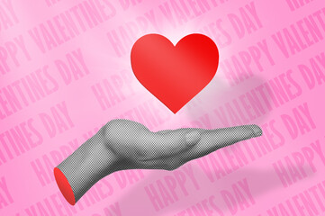 Hand with red heart symbol in halftone for Valentine's day collage style. Woman hand holding red heart.